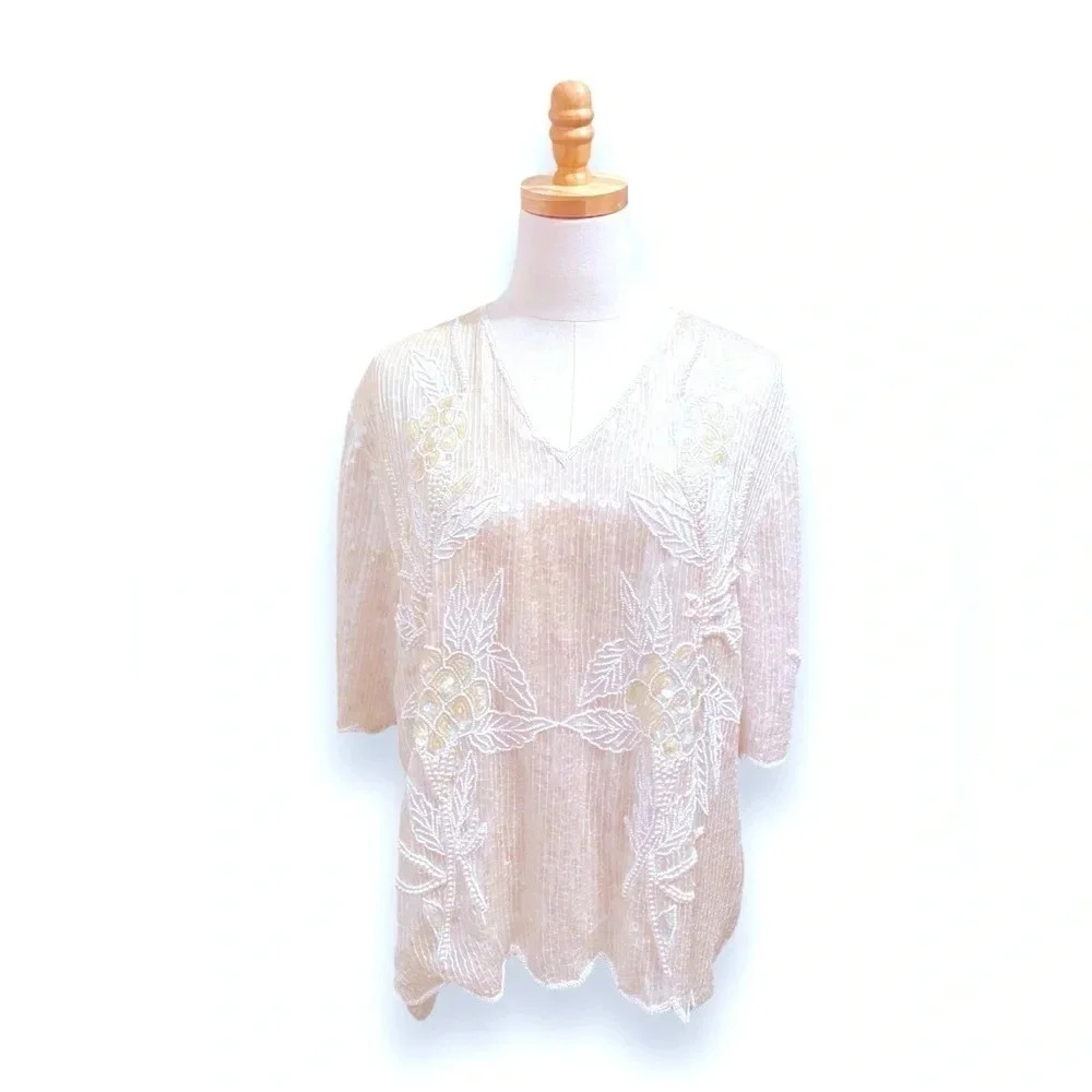 Vintage 1980s Royal Feelings Cream White Sequin Beaded 100% Silk Blouse Size XL
